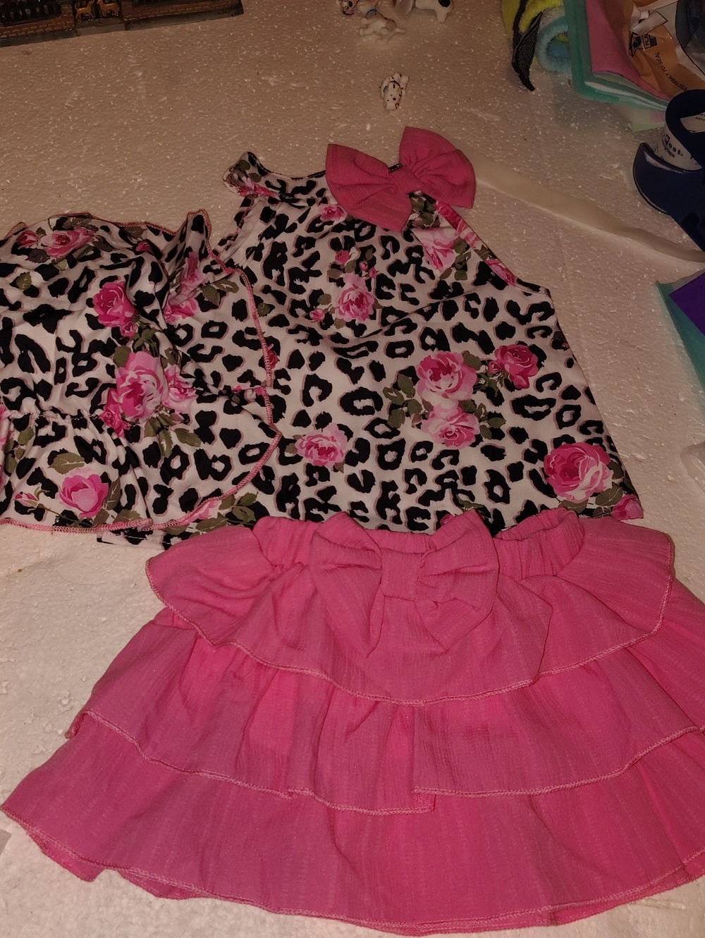 Girls Pink Tiered Skirt & Floral Leopard Tank Set With Bonnet